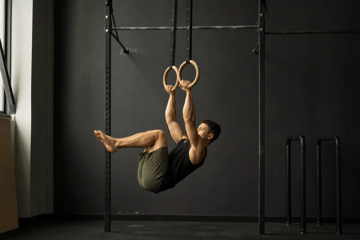 Athlete practicing a controlled tuck front lever on wooden rings