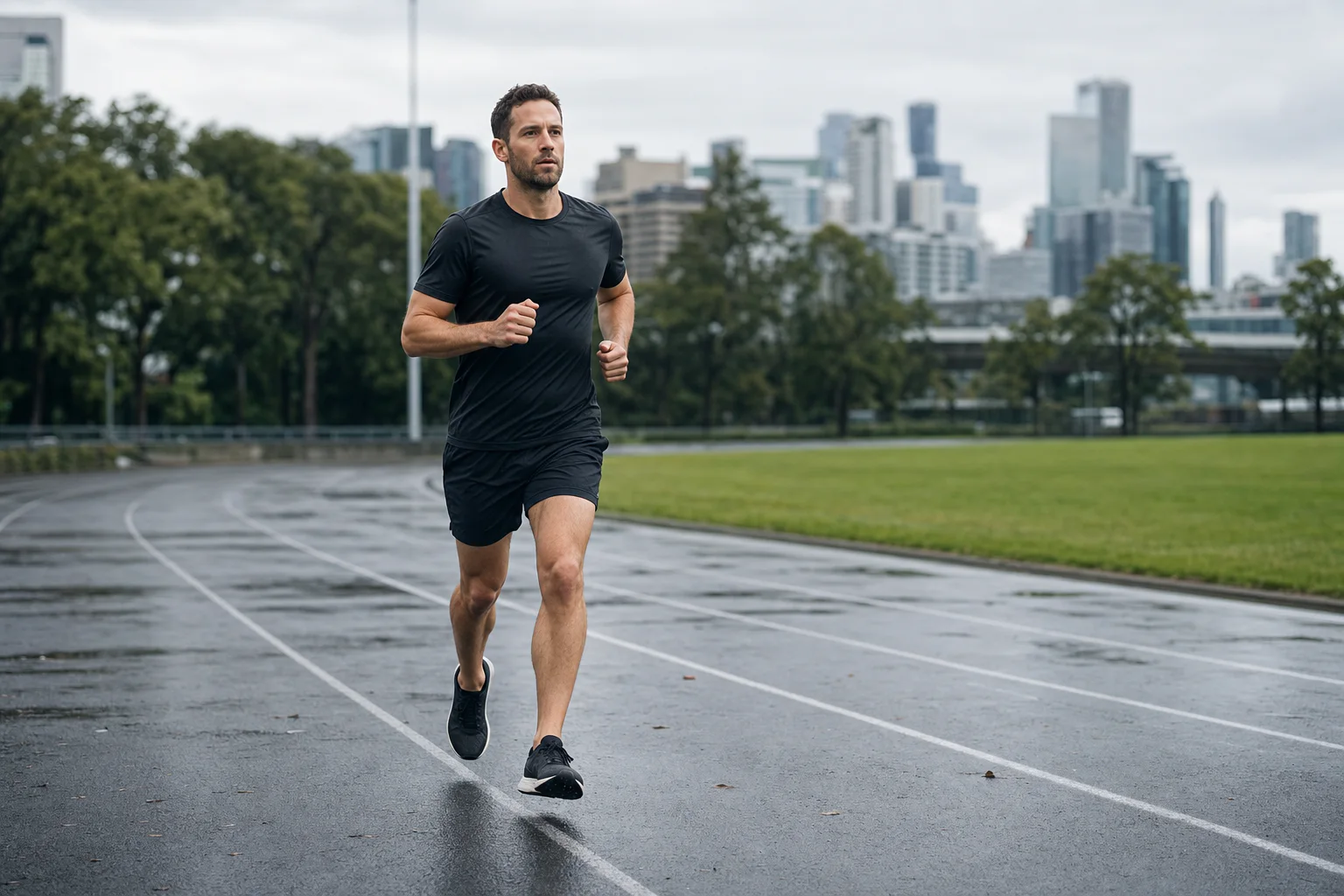 Runner completing an easy session on a quiet outdoor track