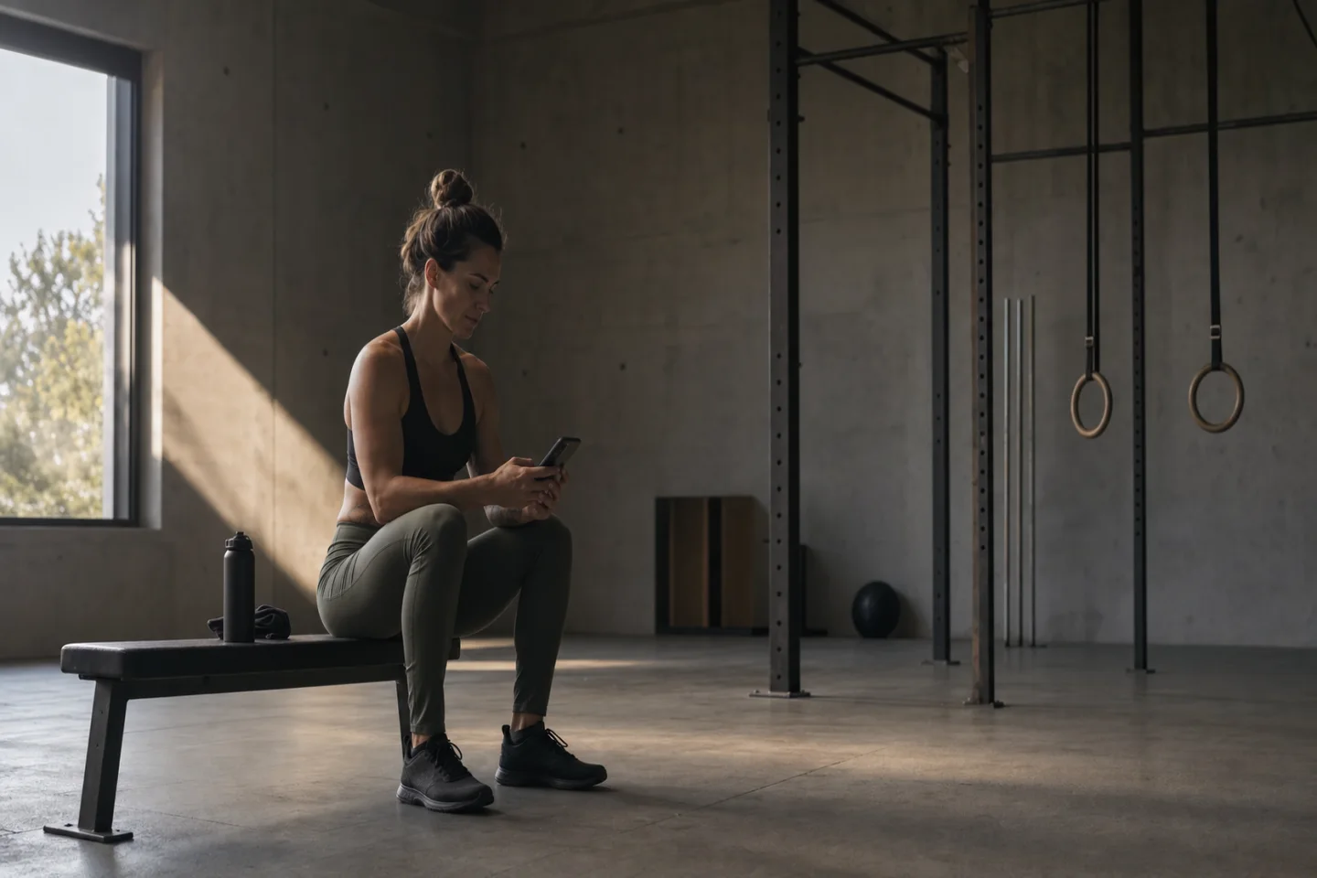Athlete reviewing a training plan between sets in a quiet strength studio